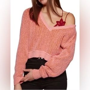 Free People V-Neck Cropped Pink and Orange Sweater